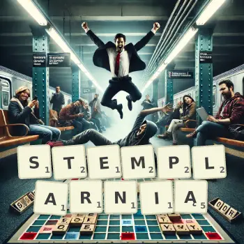 Kreatywna ilustracja do gry w Scrabble ze słowem STEMPLARNIĄ ułożonym z płytek na planszy.