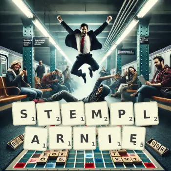 Kreatywna ilustracja do gry w Scrabble ze słowem STEMPLARNIĘ ułożonym z płytek na planszy.