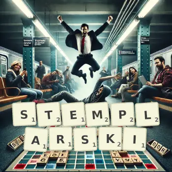 Kreatywna ilustracja do gry w Scrabble ze słowem STEMPLARSKI ułożonym z płytek na planszy.