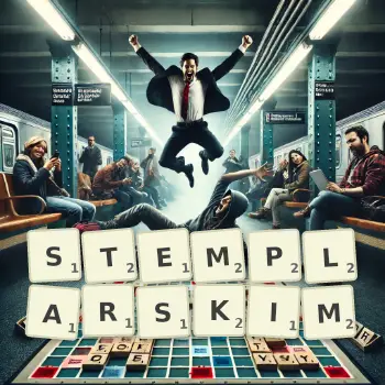 Kreatywna ilustracja do gry w Scrabble ze słowem STEMPLARSKIM ułożonym z płytek na planszy.