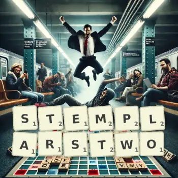 Kreatywna ilustracja do gry w Scrabble ze słowem STEMPLARSTWO ułożonym z płytek na planszy.