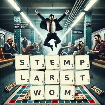 Kreatywna ilustracja do gry w Scrabble ze słowem STEMPLARSTWOM ułożonym z płytek na planszy.