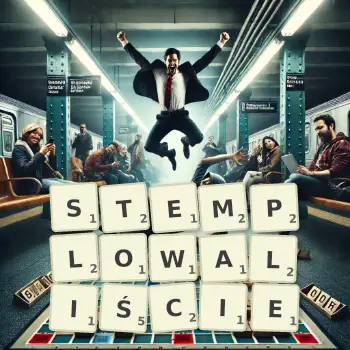 Kreatywna ilustracja do gry w Scrabble ze słowem STEMPLOWALIŚCIE ułożonym z płytek na planszy.