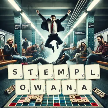 Kreatywna ilustracja do gry w Scrabble ze słowem STEMPLOWANA ułożonym z płytek na planszy.