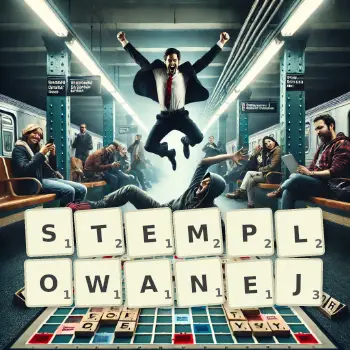 Kreatywna ilustracja do gry w Scrabble ze słowem STEMPLOWANEJ ułożonym z płytek na planszy.