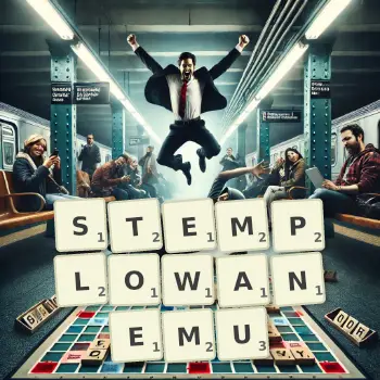 Kreatywna ilustracja do gry w Scrabble ze słowem STEMPLOWANEMU ułożonym z płytek na planszy.