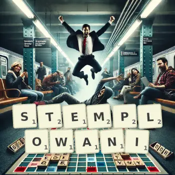 Kreatywna ilustracja do gry w Scrabble ze słowem STEMPLOWANI ułożonym z płytek na planszy.