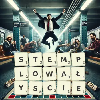 Kreatywna ilustracja do gry w Scrabble ze słowem STEMPLOWAŁYŚCIE ułożonym z płytek na planszy.