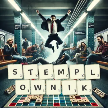 Kreatywna ilustracja do gry w Scrabble ze słowem STEMPLOWNIK ułożonym z płytek na planszy.