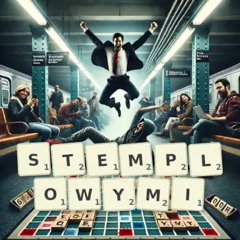 Kreatywna ilustracja do gry w Scrabble ze słowem STEMPLOWYMI ułożonym z płytek na planszy.