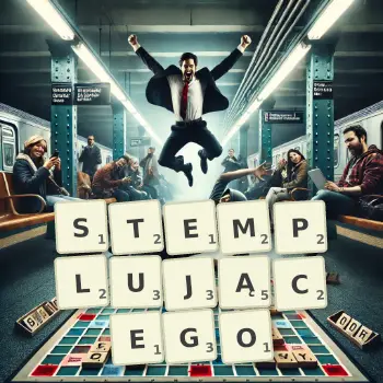 Kreatywna ilustracja do gry w Scrabble ze słowem STEMPLUJĄCEGO ułożonym z płytek na planszy.