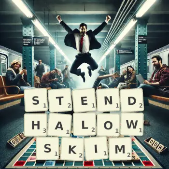 Kreatywna ilustracja do gry w Scrabble ze słowem STENDHALOWSKIM ułożonym z płytek na planszy.