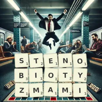 Kreatywna ilustracja do gry w Scrabble ze słowem STENOBIOTYZMAMI ułożonym z płytek na planszy.