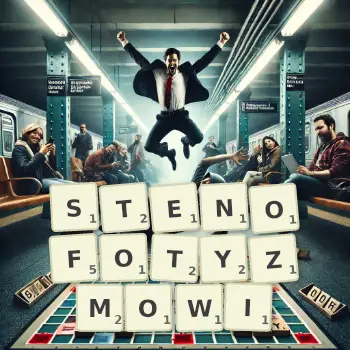 Kreatywna ilustracja do gry w Scrabble ze słowem STENOFOTYZMOWI ułożonym z płytek na planszy.