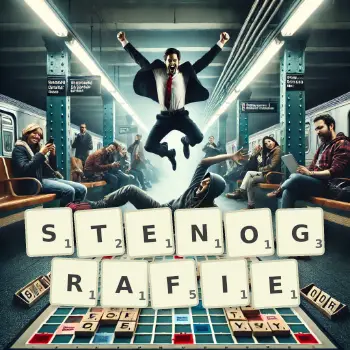 Kreatywna ilustracja do gry w Scrabble ze słowem STENOGRAFIE ułożonym z płytek na planszy.