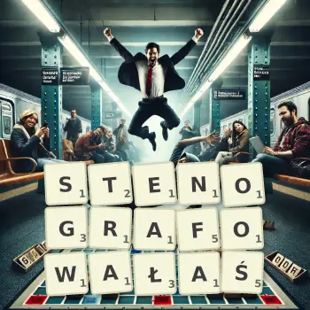 Kreatywna ilustracja do gry w Scrabble ze słowem STENOGRAFOWAŁAŚ ułożonym z płytek na planszy.