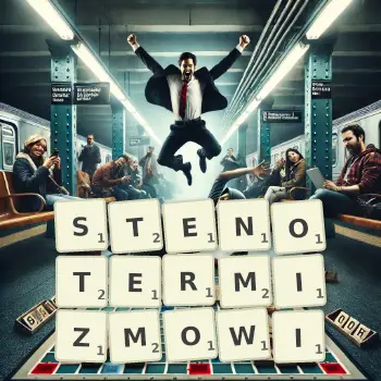 Kreatywna ilustracja do gry w Scrabble ze słowem STENOTERMIZMOWI ułożonym z płytek na planszy.