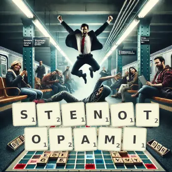 Kreatywna ilustracja do gry w Scrabble ze słowem STENOTOPAMI ułożonym z płytek na planszy.