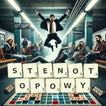 Kreatywna ilustracja do gry w Scrabble ze słowem STENOTOPOWY ułożonym z płytek na planszy.