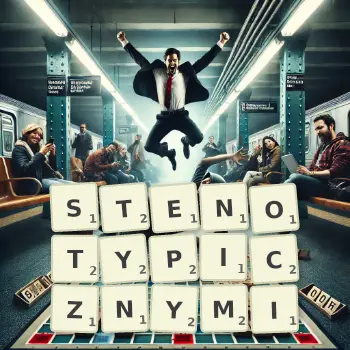 Kreatywna ilustracja do gry w Scrabble ze słowem STENOTYPICZNYMI ułożonym z płytek na planszy.