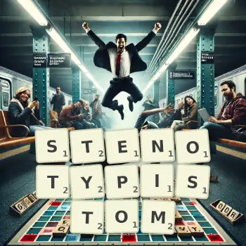 Kreatywna ilustracja do gry w Scrabble ze słowem STENOTYPISTOM ułożonym z płytek na planszy.