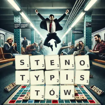 Kreatywna ilustracja do gry w Scrabble ze słowem STENOTYPISTÓW ułożonym z płytek na planszy.