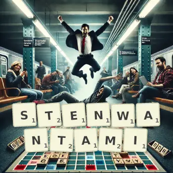 Kreatywna ilustracja do gry w Scrabble ze słowem STENWANTAMI ułożonym z płytek na planszy.