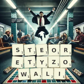 Kreatywna ilustracja do gry w Scrabble ze słowem STEORETYZOWALI ułożonym z płytek na planszy.