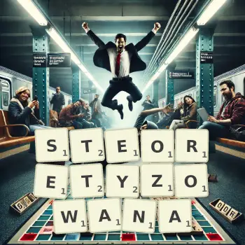 Kreatywna ilustracja do gry w Scrabble ze słowem STEORETYZOWANA ułożonym z płytek na planszy.