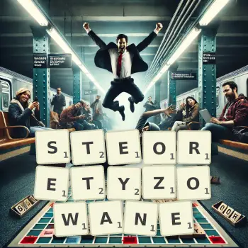 Kreatywna ilustracja do gry w Scrabble ze słowem STEORETYZOWANE ułożonym z płytek na planszy.