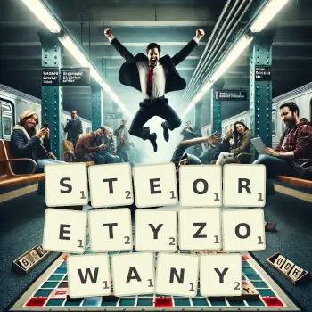 Kreatywna ilustracja do gry w Scrabble ze słowem STEORETYZOWANY ułożonym z płytek na planszy.