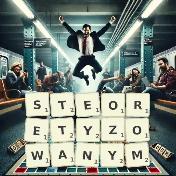 Kreatywna ilustracja do gry w Scrabble ze słowem STEORETYZOWANYM ułożonym z płytek na planszy.