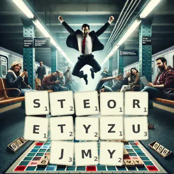 Kreatywna ilustracja do gry w Scrabble ze słowem STEORETYZUJMY ułożonym z płytek na planszy.