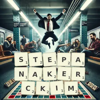 Kreatywna ilustracja do gry w Scrabble ze słowem STEPANAKERCKIM ułożonym z płytek na planszy.