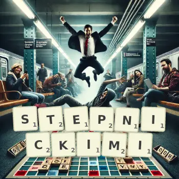 Kreatywna ilustracja do gry w Scrabble ze słowem STEPNICKIMI ułożonym z płytek na planszy.