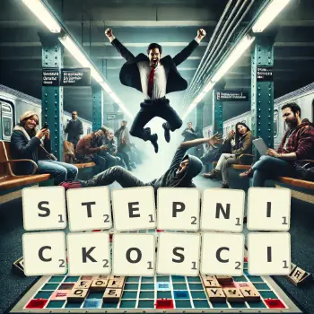 Kreatywna ilustracja do gry w Scrabble ze słowem STEPNICKOSCI ułożonym z płytek na planszy.