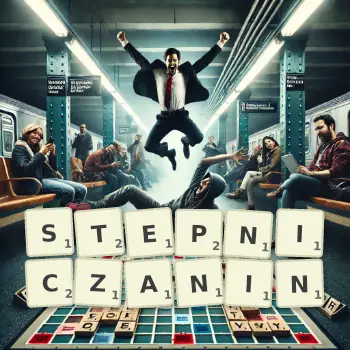 Kreatywna ilustracja do gry w Scrabble ze słowem STEPNICZANIN ułożonym z płytek na planszy.