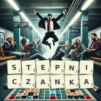 Kreatywna ilustracja do gry w Scrabble ze słowem STEPNICZANKA ułożonym z płytek na planszy.