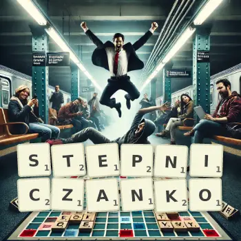 Kreatywna ilustracja do gry w Scrabble ze słowem STEPNICZANKO ułożonym z płytek na planszy.