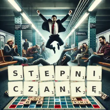 Kreatywna ilustracja do gry w Scrabble ze słowem STEPNICZANKĘ ułożonym z płytek na planszy.