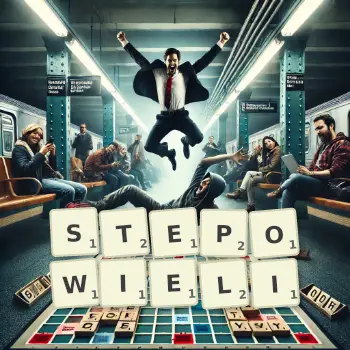 Kreatywna ilustracja do gry w Scrabble ze słowem STEPOWIELI ułożonym z płytek na planszy.