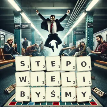 Kreatywna ilustracja do gry w Scrabble ze słowem STEPOWIELIBYŚMY ułożonym z płytek na planszy.