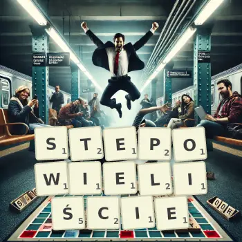 Kreatywna ilustracja do gry w Scrabble ze słowem STEPOWIELIŚCIE ułożonym z płytek na planszy.