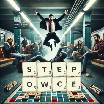 Kreatywna ilustracja do gry w Scrabble ze słowem STEPÓWCE ułożonym z płytek na planszy.