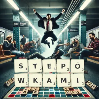 Kreatywna ilustracja do gry w Scrabble ze słowem STEPÓWKAMI ułożonym z płytek na planszy.