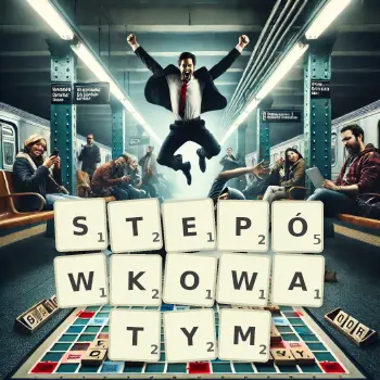 Kreatywna ilustracja do gry w Scrabble ze słowem STEPÓWKOWATYM ułożonym z płytek na planszy.