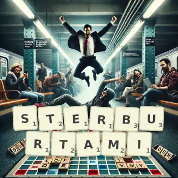 Kreatywna ilustracja do gry w Scrabble ze słowem STERBURTAMI ułożonym z płytek na planszy.