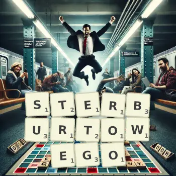 Kreatywna ilustracja do gry w Scrabble ze słowem STERBURTOWEGO ułożonym z płytek na planszy.