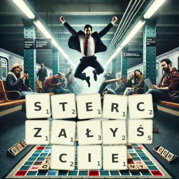 Kreatywna ilustracja do gry w Scrabble ze słowem STERCZAŁYŚCIE ułożonym z płytek na planszy.