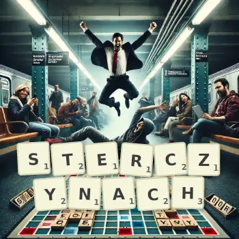 Kreatywna ilustracja do gry w Scrabble ze słowem STERCZYNACH ułożonym z płytek na planszy.